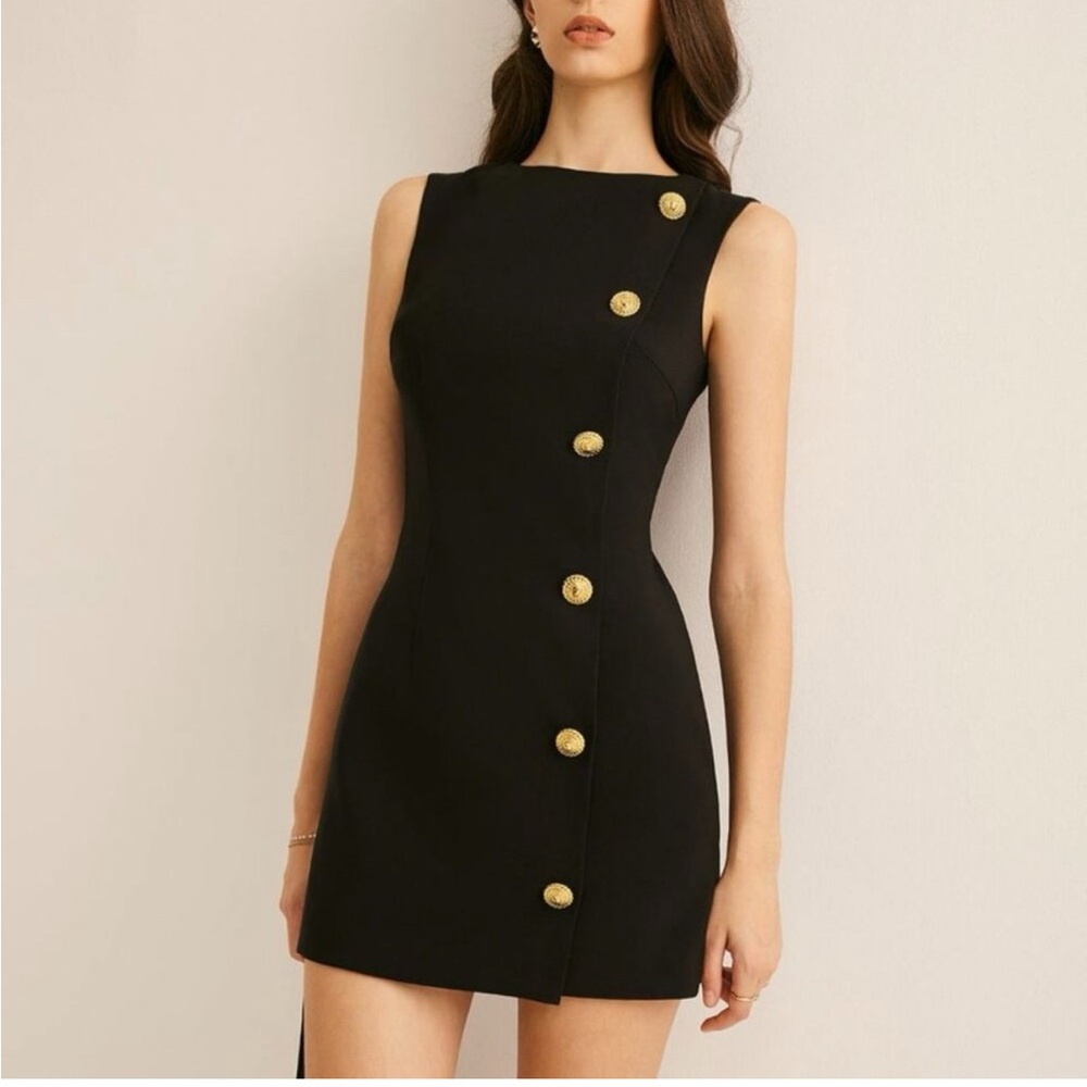 Commense Black Mini Dress with Gold Buttons